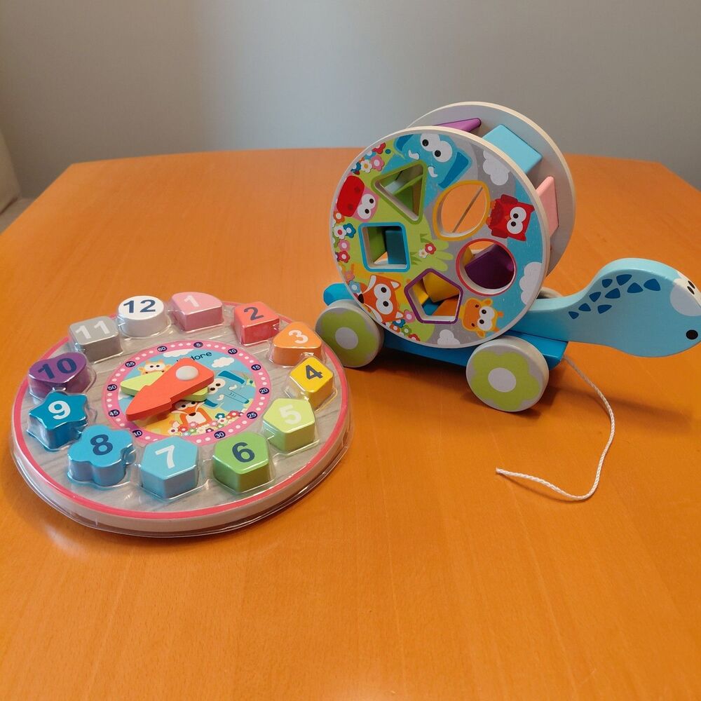 Set of 2 J'Adore Wooden Turtle Pull Toy & NIP Clock Shape Sorters Educational